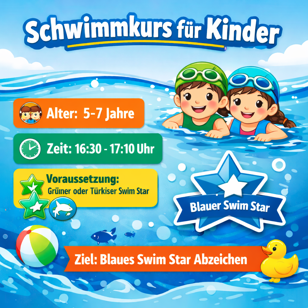 16.30 Uhr - 17.10 Uhr, Ab Mittwoch, den 13.05.2026, Folgekurs mit dem Ziel des blauen SwimStar ab 5- 7 Jahre, 9 Termine